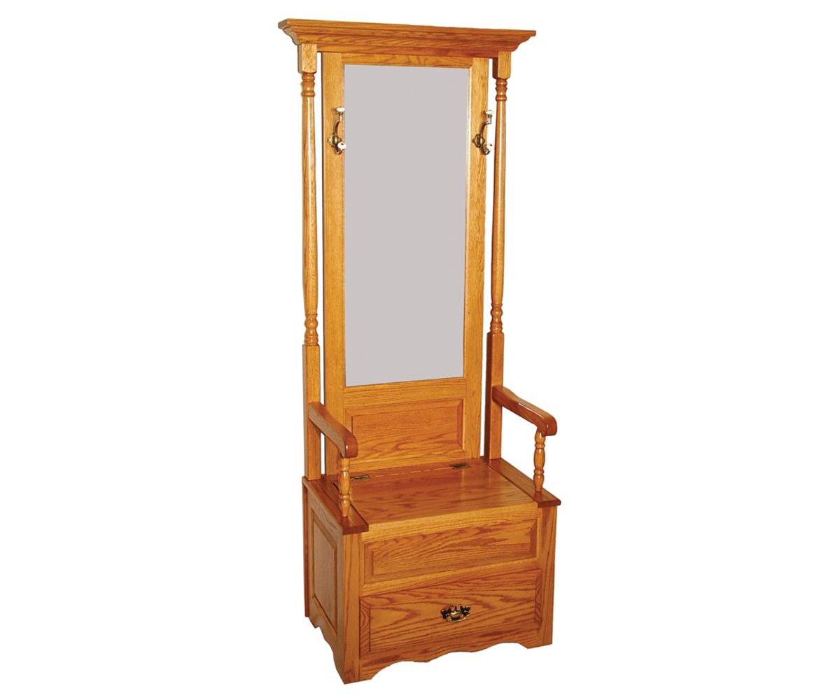 Traditional Oak Hall Tree Bench With Mirror And Storage
