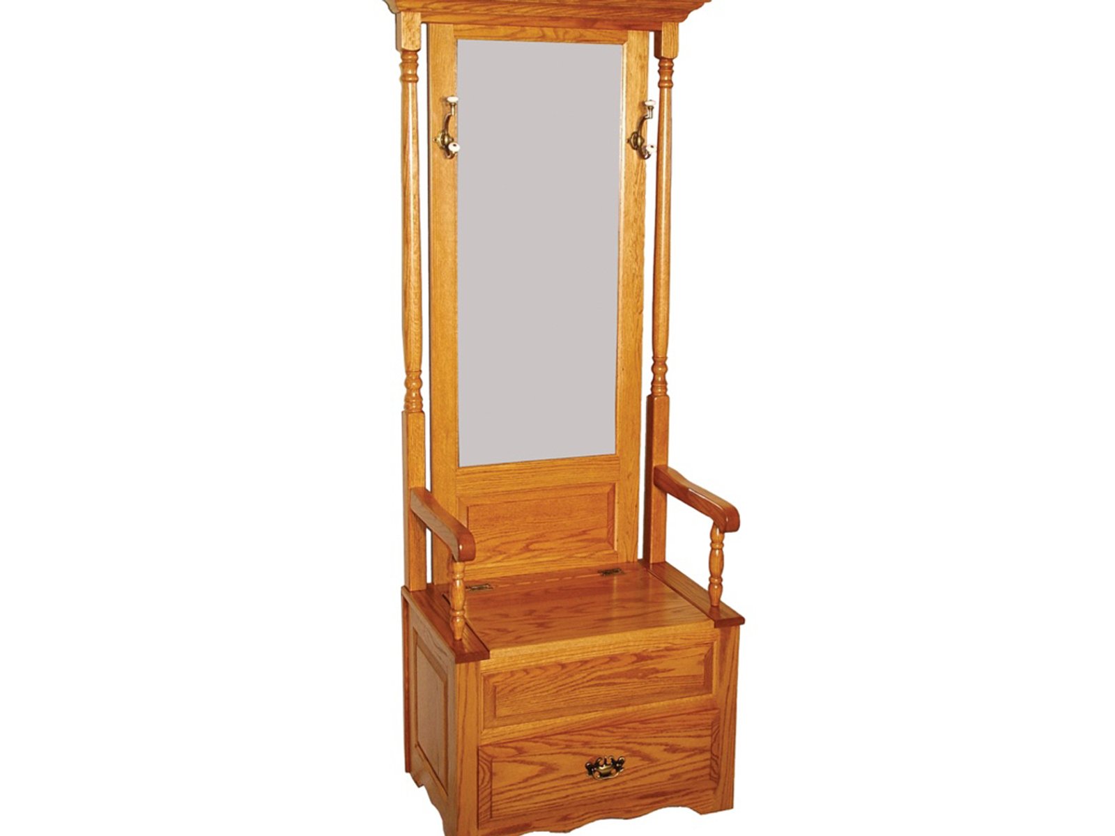 hand-rubbed finish hardwood Traditional Oak Hall Tree Bench With Mirror And Storage, Traditional Oak Hall Tree Bench With Mirror And Storage in a showroom vignette setting highlighting Traditional Oak Hall Tree Bench With Mirror And Storage (frame 1 of 2).