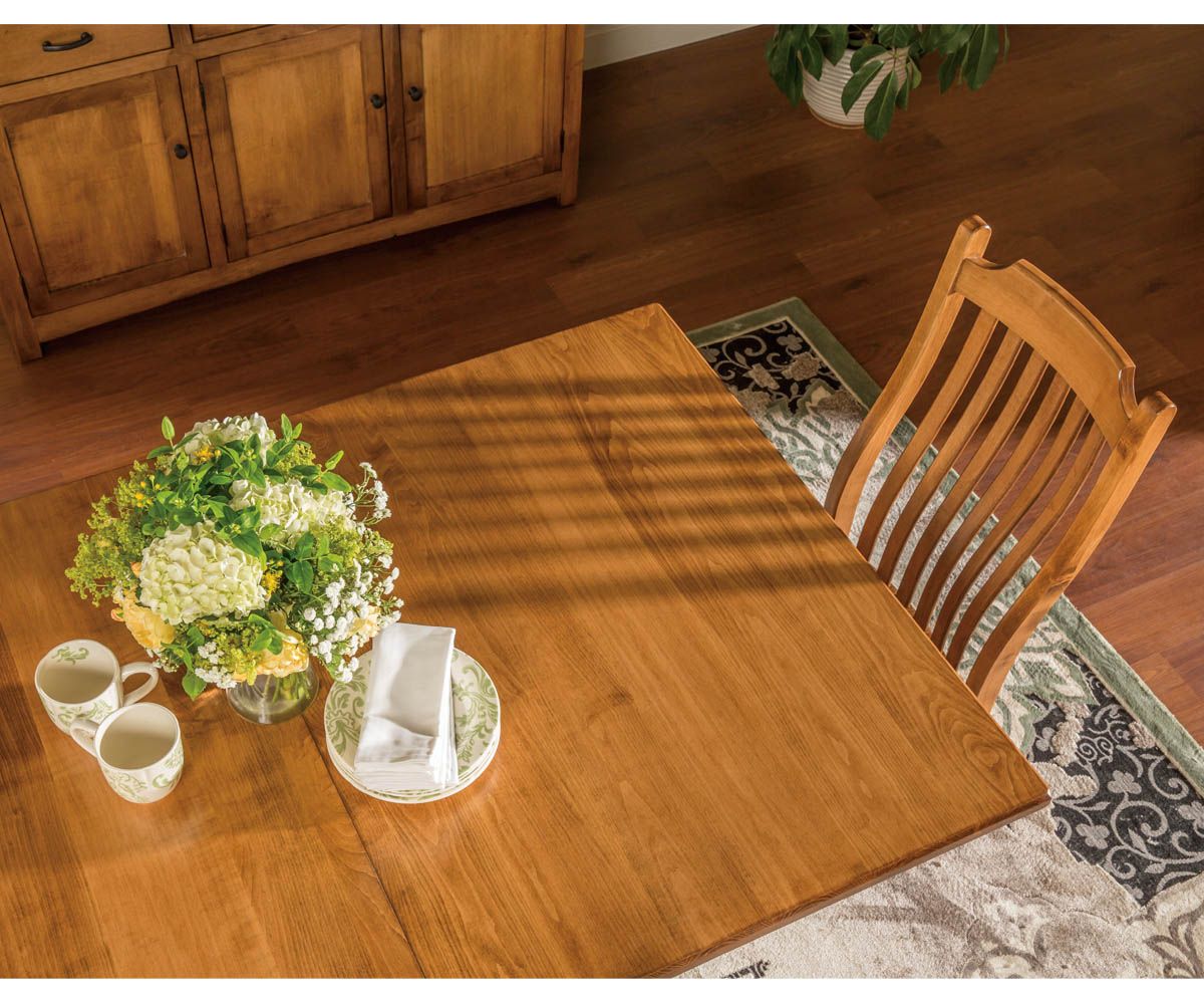 hand-rubbed finish hardwood Contemporary Straight Leg Dining Table In Brown Maple, Contemporary Straight Leg Dining Table In Brown Maple in a showroom vignette setting highlighting Contemporary Straight Leg Dining Table In Brown Maple (thumbnail 9 of 9).