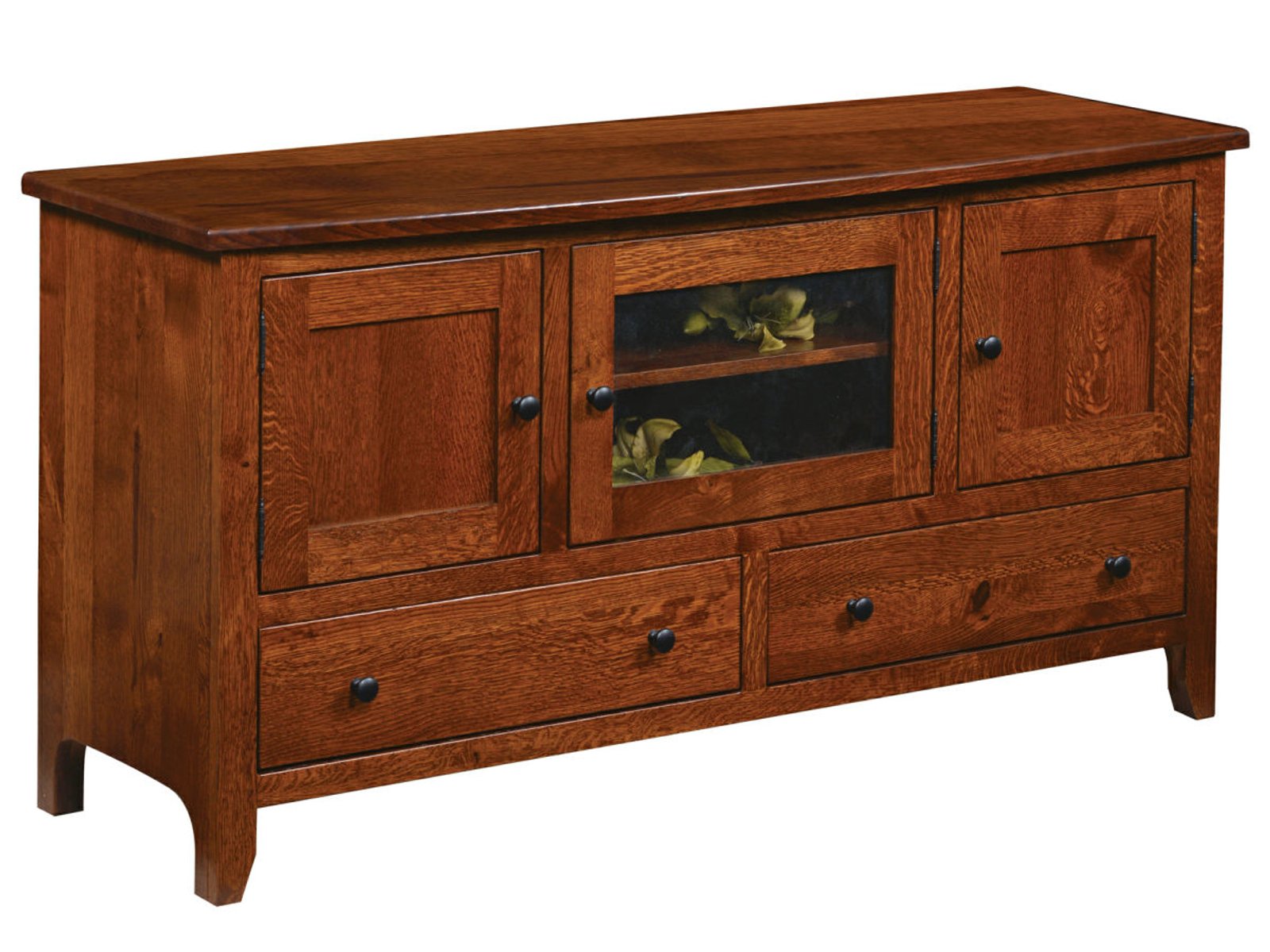 hand-rubbed finish hardwood Mission Style Sideboard With Glass Display Door And Storage Drawers, Mission Style Sideboard With Glass Display Door And Storage Drawers in a showroom vignette setting highlighting Mission Style Sideboard With Glass Display Door And Storage Drawers (frame 1 of 1).