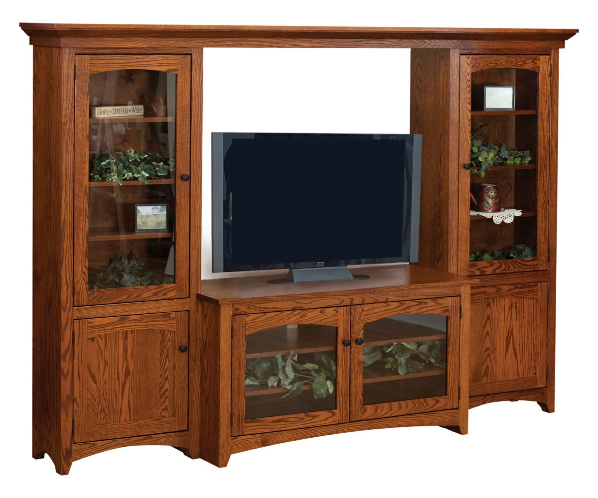 Modern Shaker Bridge Entertainment Center With Glass Display Towers