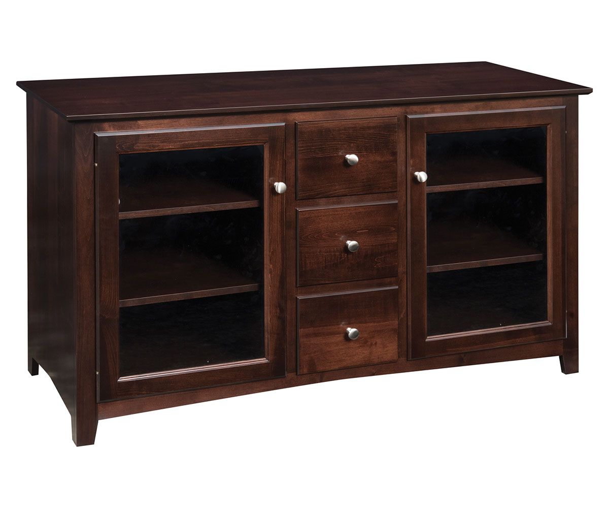 Mission Style Media Console With Glass Doors And Drawers