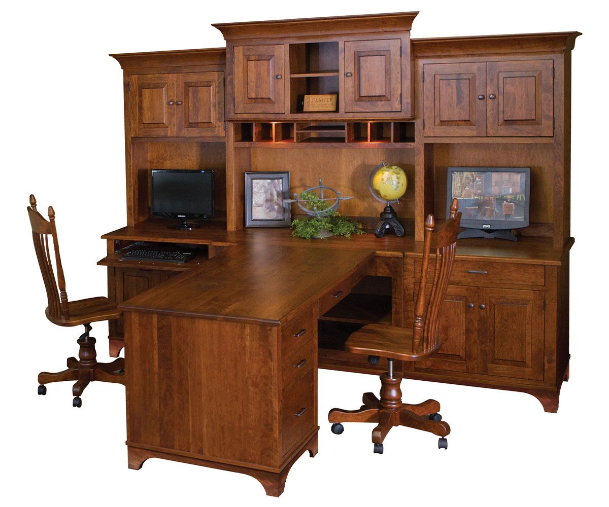 hand-rubbed finish hardwood L-shaped Executive Desk With Hutch And Storage Cabinets, L-shaped Executive Desk With Hutch And Storage Cabinets in a showroom vignette setting highlighting L-shaped Executive Desk With Hutch And Storage Cabinets (thumbnail 2 of 2).
