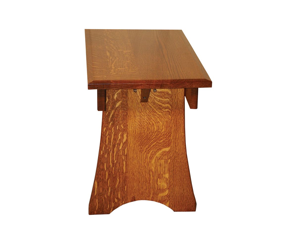 hand-rubbed finish hardwood Mission Trestle Base Dining Bench With Wide Top, Mission Trestle Base Dining Bench With Wide Top in a showroom vignette setting highlighting Mission Trestle Base Dining Bench With Wide Top (thumbnail 2 of 2).