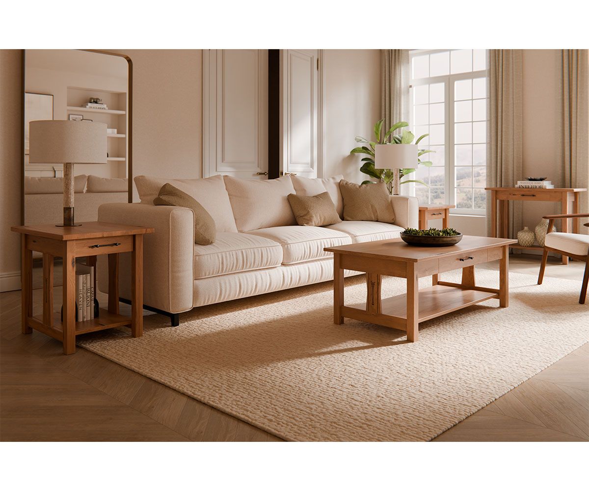 hand-rubbed finish hardwood Mission Style Solid Cherry Coffee Table With Drawer And Shelf, Mission Style Solid Cherry Coffee Table With Drawer And Shelf in a Mission vignette setting highlighting Mission Style Solid Cherry Coffee Table With Drawer And Shelf (thumbnail 5 of 5).