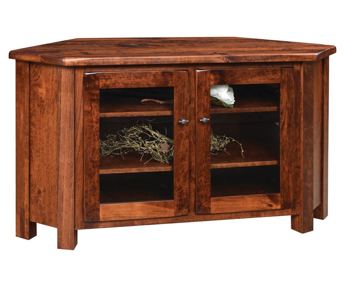 Glass Door Corner Console Cabinet With Wood Shelves