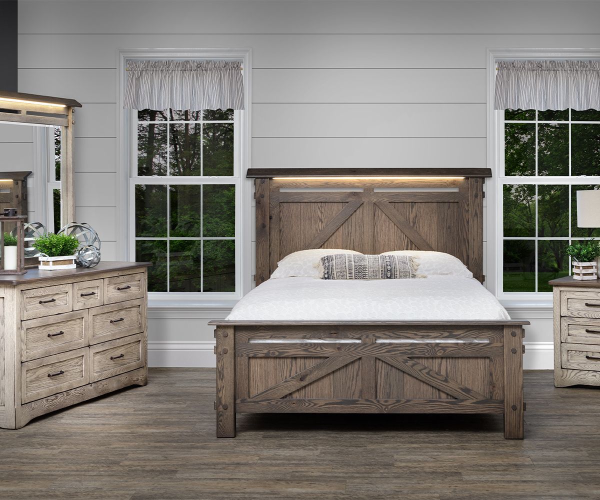 hand-rubbed finish hardwood Farmstead Rustic Panel Bed With Led Headboard, Farmstead Rustic Panel Bed With Led Headboard in a Farmstead vignette setting highlighting Farmstead Rustic Panel Bed With Led Headboard (thumbnail 5 of 5).