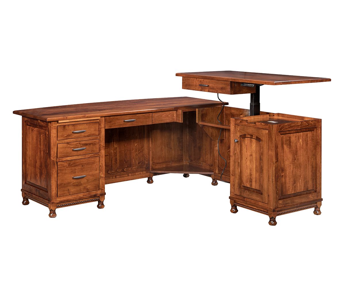 hand-rubbed finish hardwood L-shaped Solid Wood Desk With Adjustable Lift Top, L-shaped Solid Wood Desk With Adjustable Lift Top in a showroom vignette setting highlighting L-shaped Solid Wood Desk With Adjustable Lift Top (thumbnail 3 of 6).