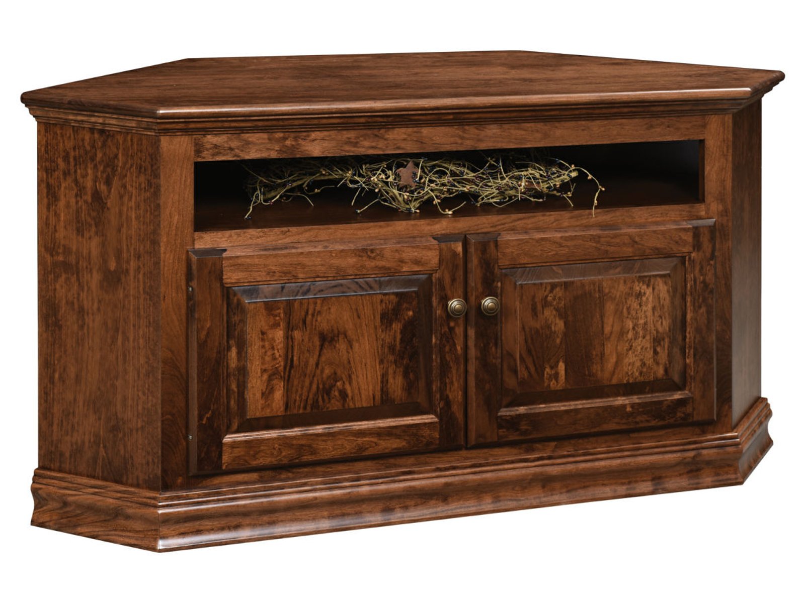 hand-rubbed finish hardwood Classic Corner Wood Tv Stand With Storage Cabinet, Classic Corner Wood Tv Stand With Storage Cabinet in a showroom vignette setting highlighting Classic Corner Wood Tv Stand With Storage Cabinet (frame 1 of 1).