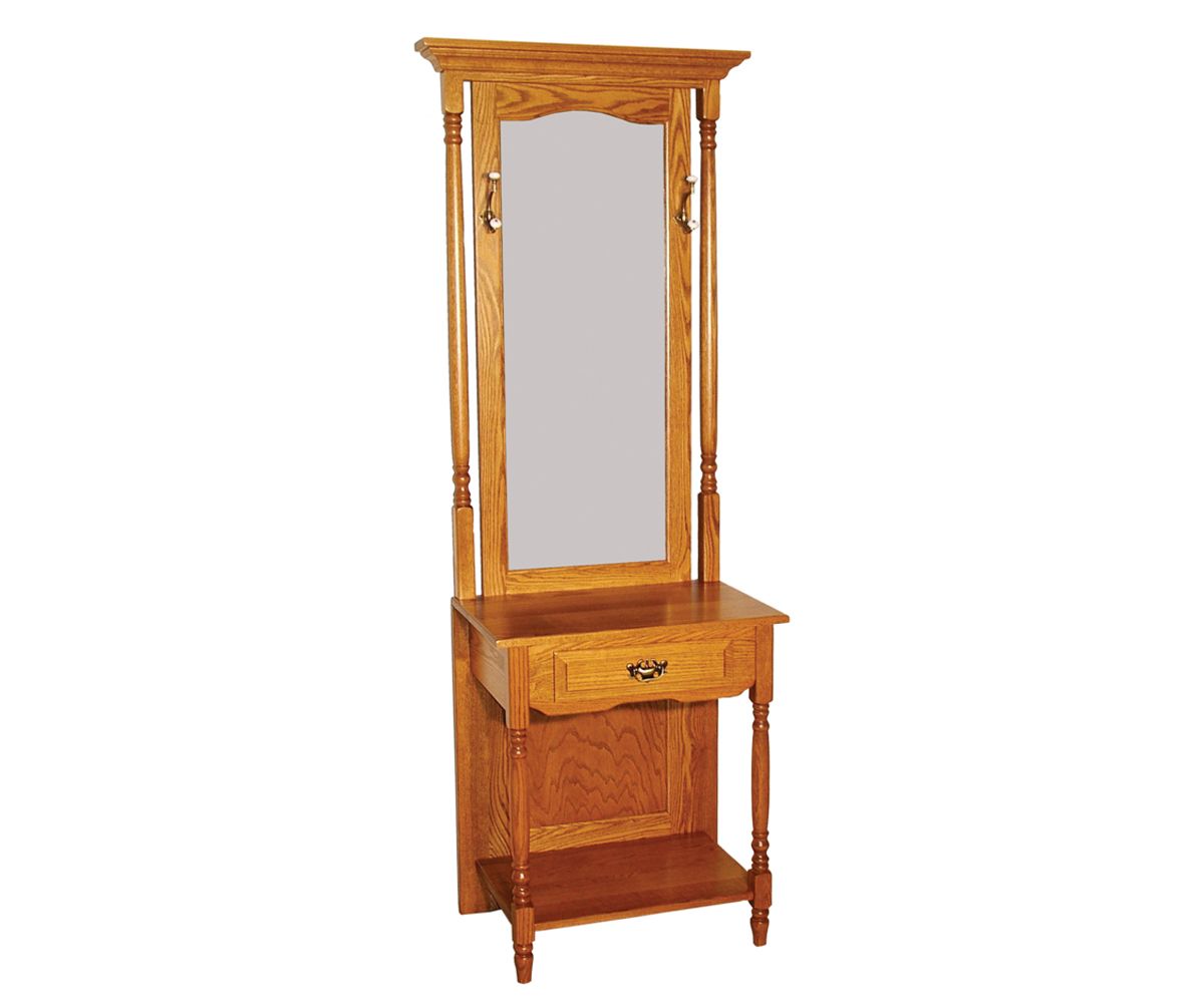 Traditional Hall Tree With Mirror, Drawer, And Turned Posts