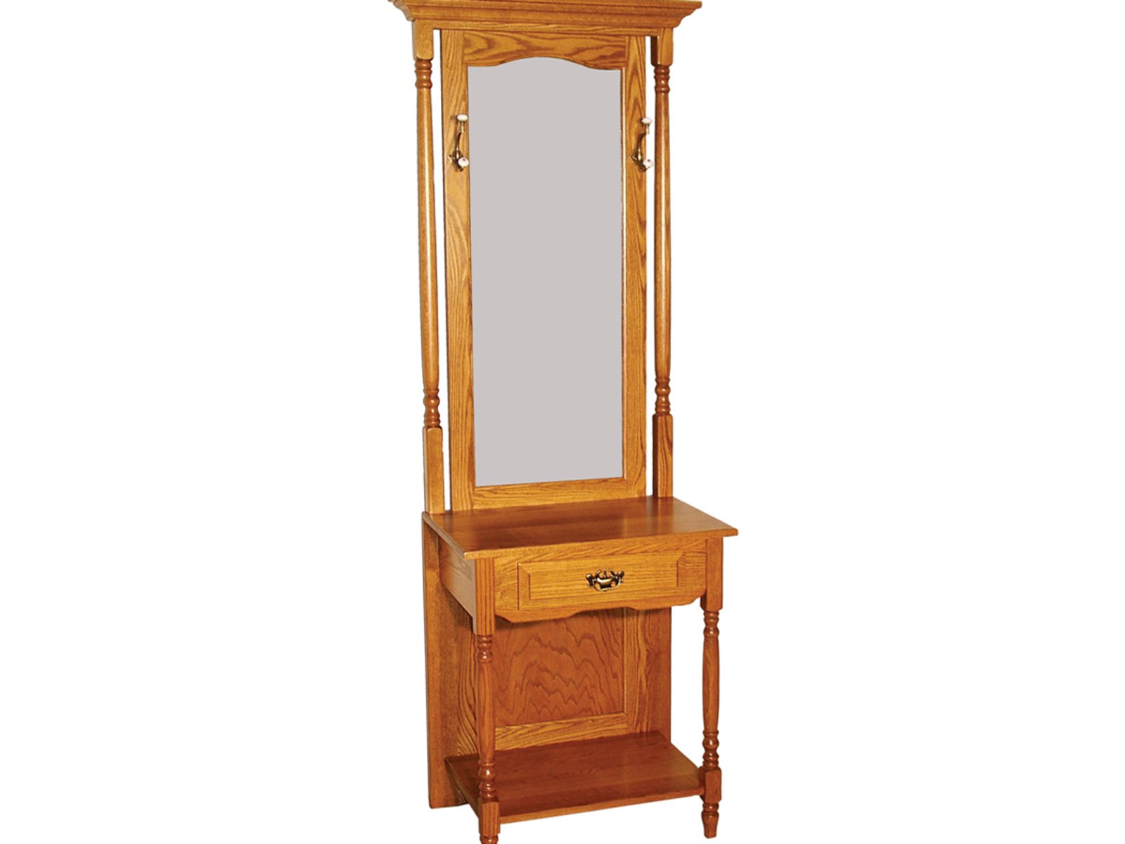 hand-rubbed finish hardwood Traditional Hall Tree With Mirror, Drawer, And Turned Posts, Traditional Hall Tree With Mirror, Drawer, And Turned Posts in a showroom vignette setting highlighting Traditional Hall Tree With Mirror, Drawer, And Turned Posts (frame 1 of 1).
