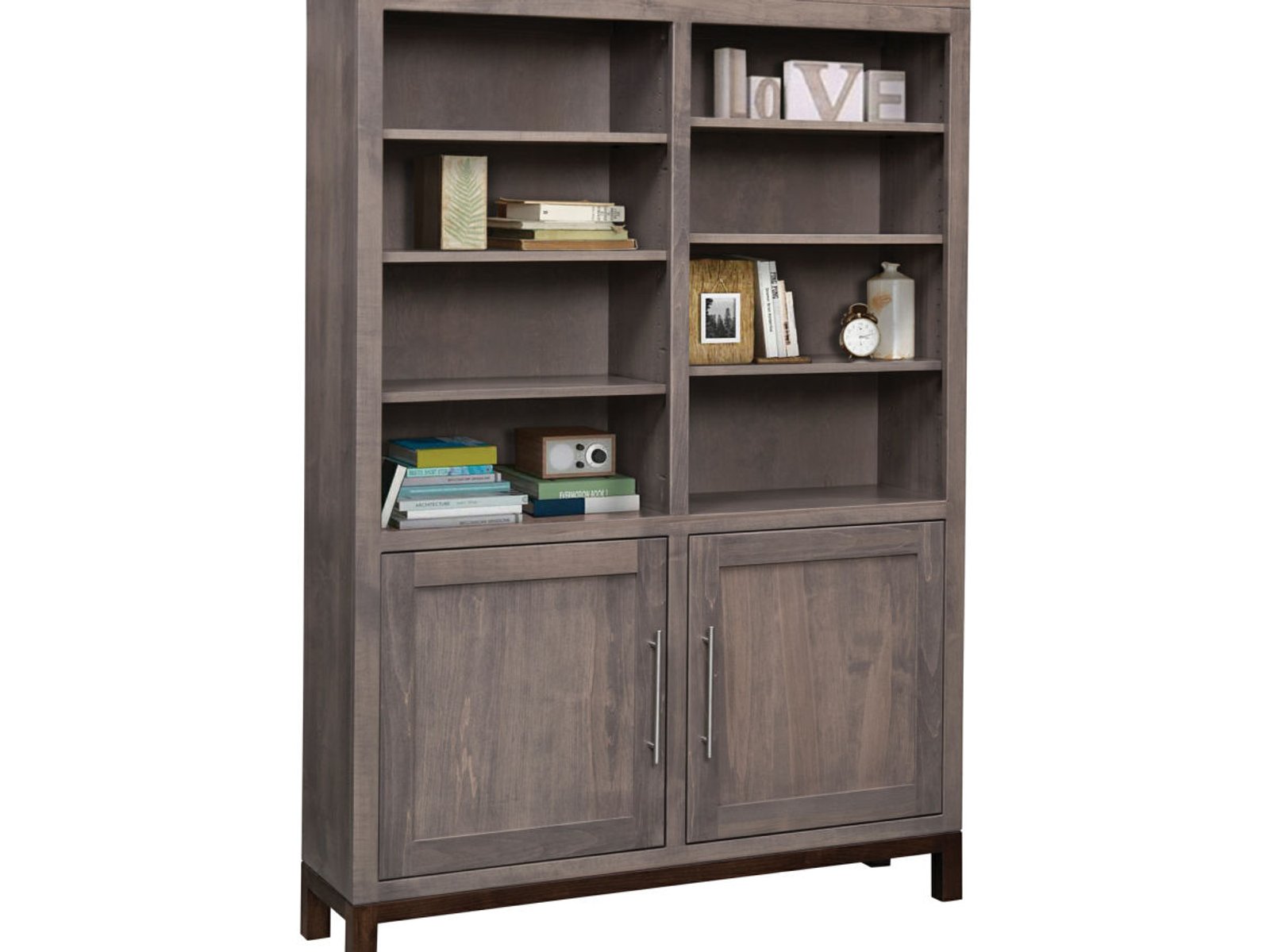 hand-rubbed finish hardwood Modern Gray Double Door Bookcase With Adjustable Shelves, Modern Gray Double Door Bookcase With Adjustable Shelves in a showroom vignette setting highlighting Modern Gray Double Door Bookcase With Adjustable Shelves (frame 1 of 1).