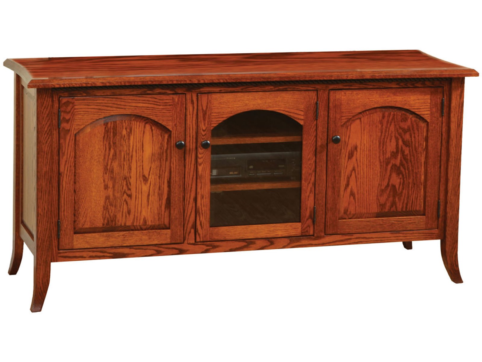 hand-rubbed finish hardwood Arched Panel Three-door Media Console With Glass Center, Arched Panel Three-door Media Console With Glass Center in a showroom vignette setting highlighting Arched Panel Three-door Media Console With Glass Center (frame 1 of 1).