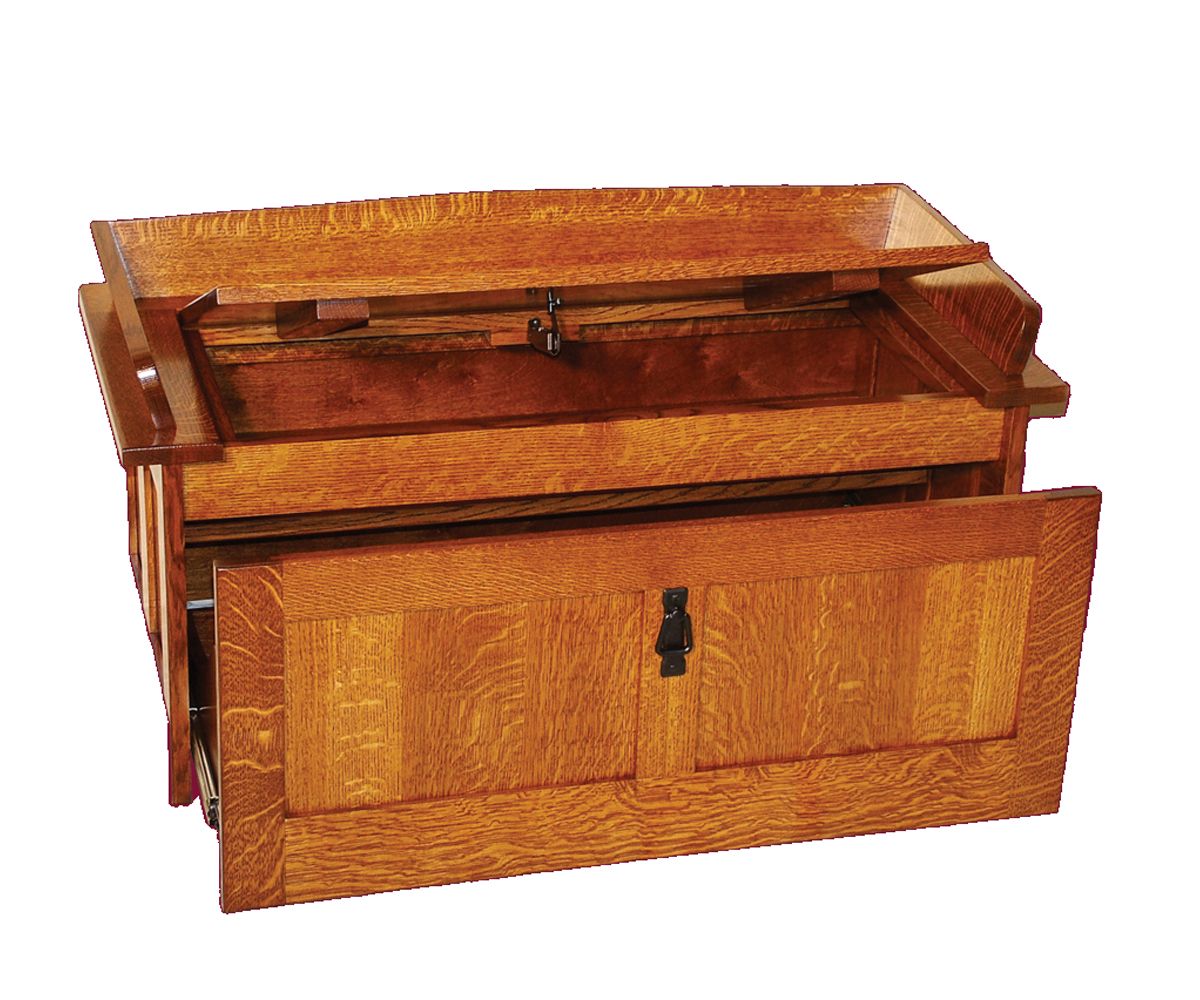 hand-rubbed finish hardwood Mission Panel-front Storage Bench With Lift-top And Side Arms, Mission Panel-front Storage Bench With Lift-top And Side Arms in a showroom vignette setting highlighting Mission Panel-front Storage Bench With Lift-top And Side Arms (thumbnail 2 of 2).