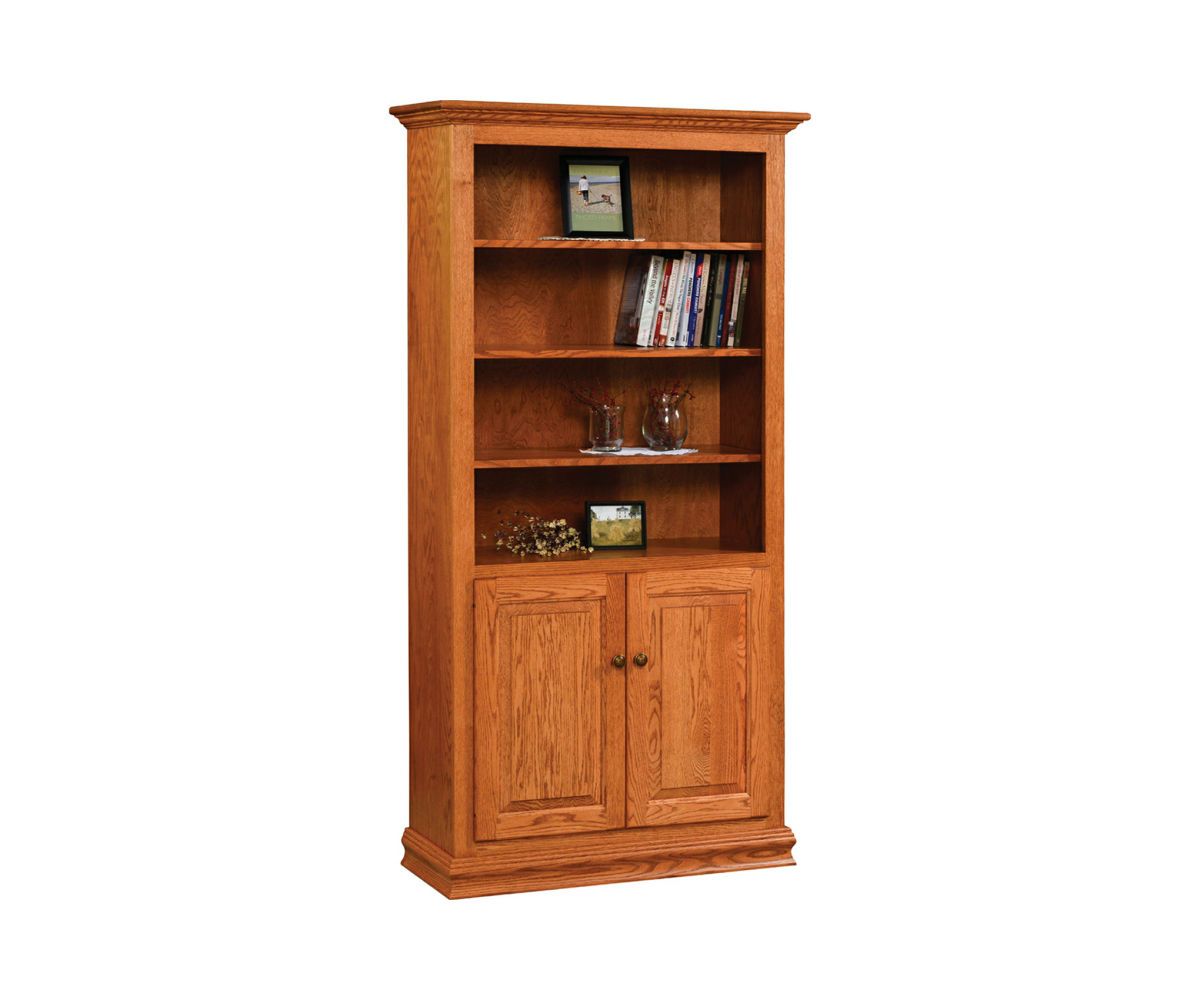 hand-rubbed finish hardwood Tall Wood Bookcase With Lower Storage Doors And Adjustable Shelves, Tall Wood Bookcase With Lower Storage Doors And Adjustable Shelves in a showroom vignette setting highlighting Tall Wood Bookcase With Lower Storage Doors And Adjustable Shelves (thumbnail 2 of 6).