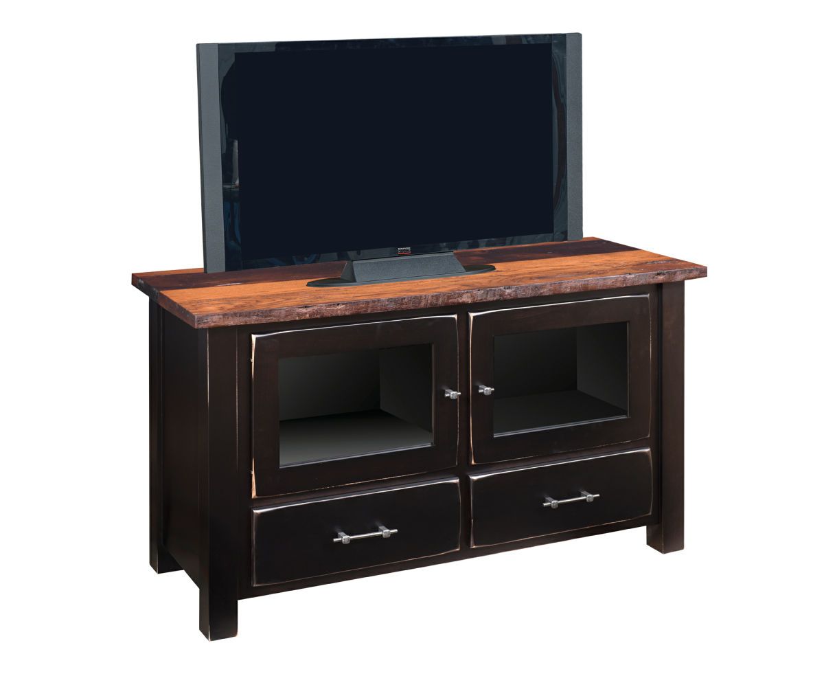 Rustic Live Edge Two-tone Tv Stand With Glass Doors And Drawers