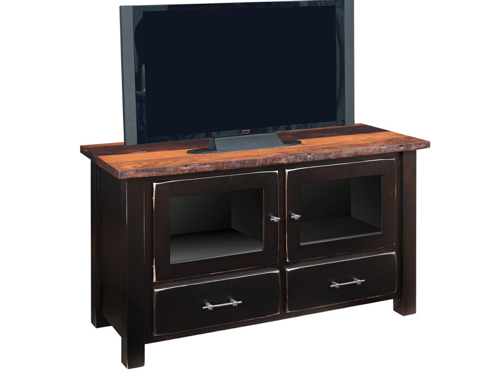 hand-rubbed finish hardwood Rustic Live Edge Two-tone Tv Stand With Glass Doors And Drawers, Rustic Live Edge Two-tone Tv Stand With Glass Doors And Drawers in a showroom vignette setting highlighting Rustic Live Edge Two-tone Tv Stand With Glass Doors And Drawers (frame 1 of 1).