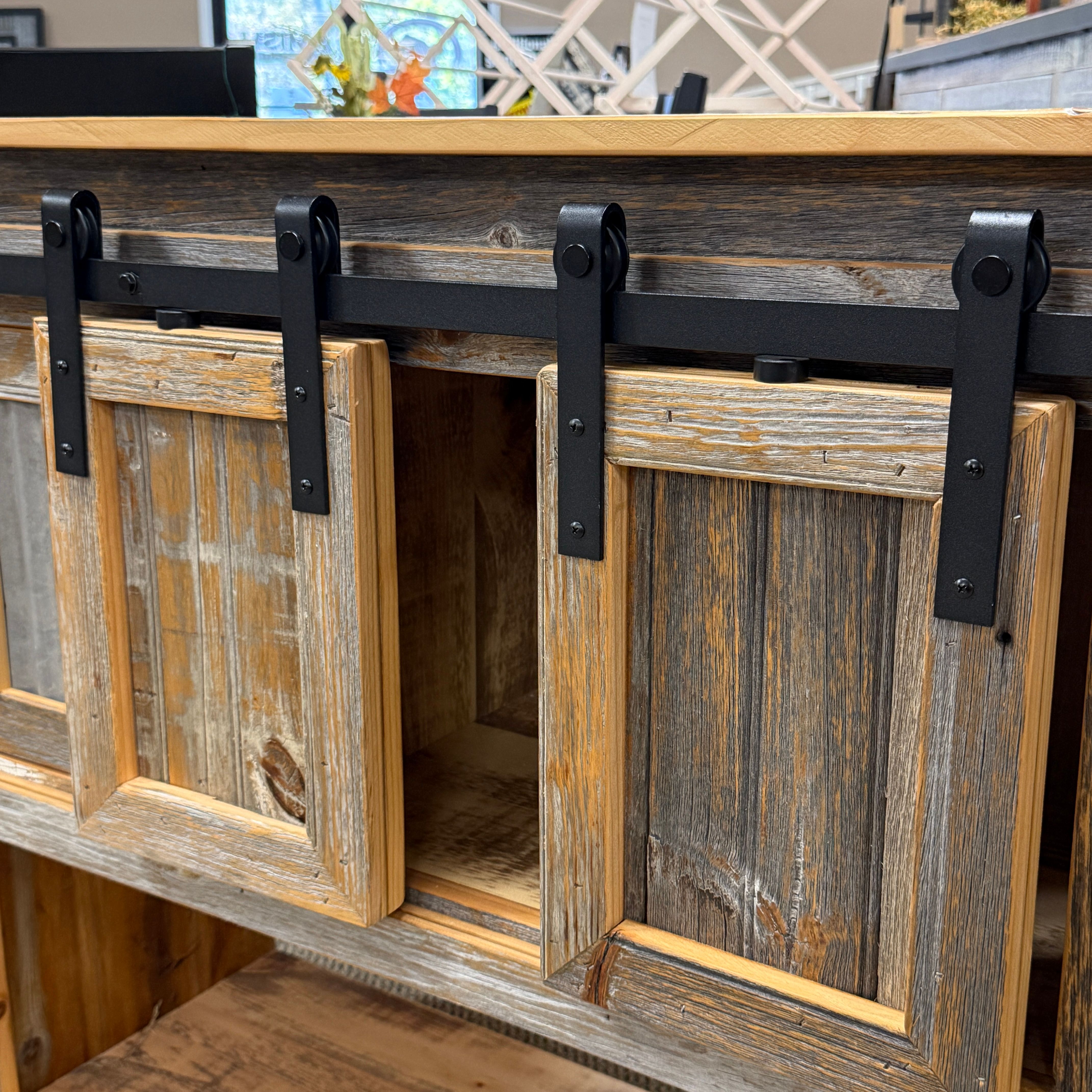 hand-rubbed finish hardwood Timber & Tin Sideboard, thumbnail 3 in a showroom vignette setting (thumbnail 3 of 4).