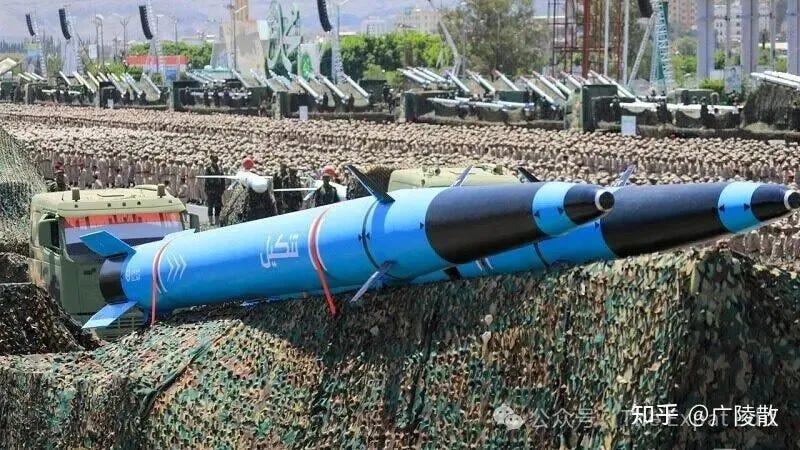 Houthi missiles on display at a military parade in Yemen