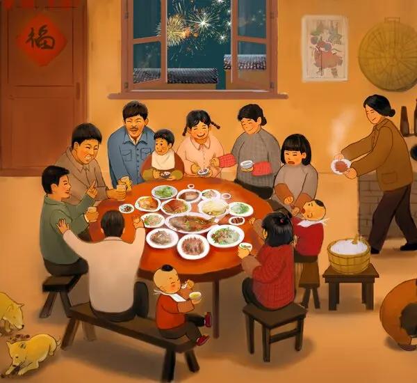 An illustration of a Chinese family enjoying a festive dinner with fireworks visible through a window.