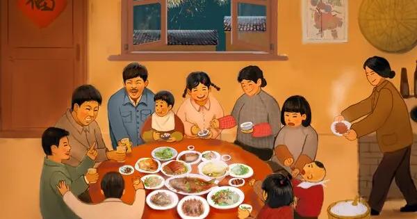An illustration of a Chinese family enjoying a festive dinner with fireworks visible through a window.