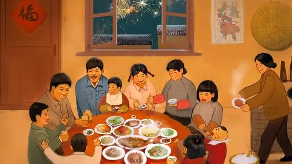 An illustration of a Chinese family enjoying a festive dinner with fireworks visible through a window.