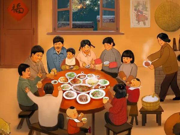 An illustration of a Chinese family enjoying a festive dinner with fireworks visible through a window.
