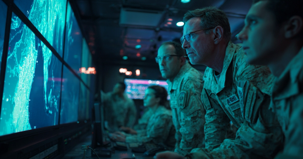 Military personnel in a dark control room focused on large screens displaying tactical information.