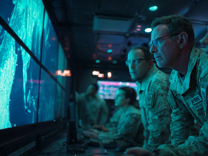 Military personnel in a dark control room focused on large screens displaying tactical information.