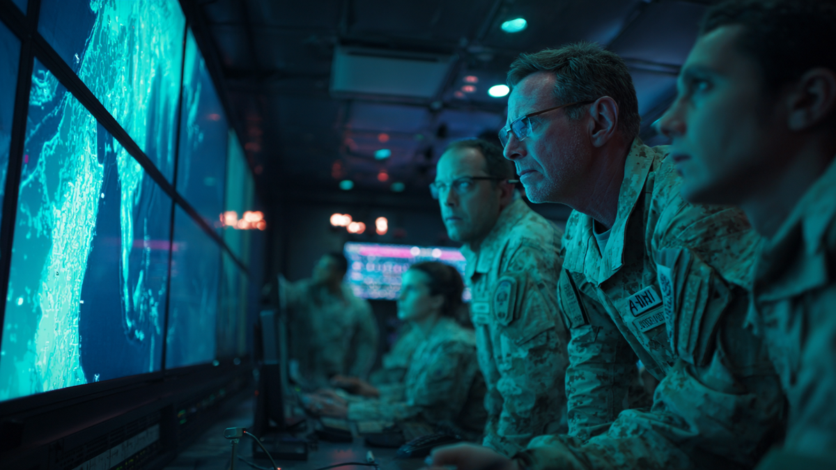 Military personnel in a dark control room focused on large screens displaying tactical information.