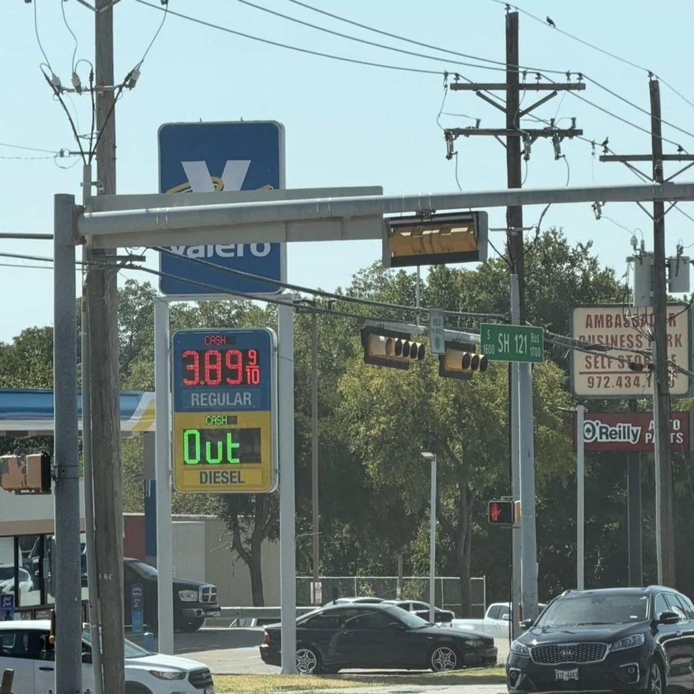 A Valero station sign in North Texas showing regular gas at $3.89 and diesel as OUT