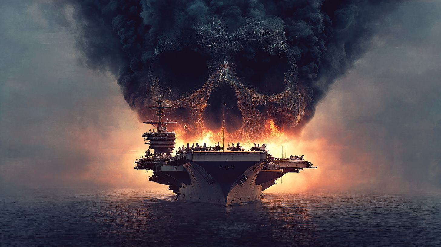 An aircraft carrier at sea, engulfed in fire and smoke forming a giant skull.
