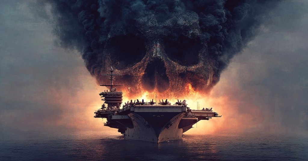 An aircraft carrier at sea, engulfed in fire and smoke forming a giant skull.