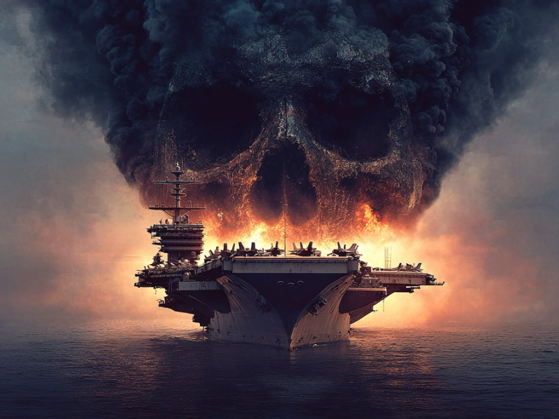 An aircraft carrier at sea, engulfed in fire and smoke forming a giant skull.