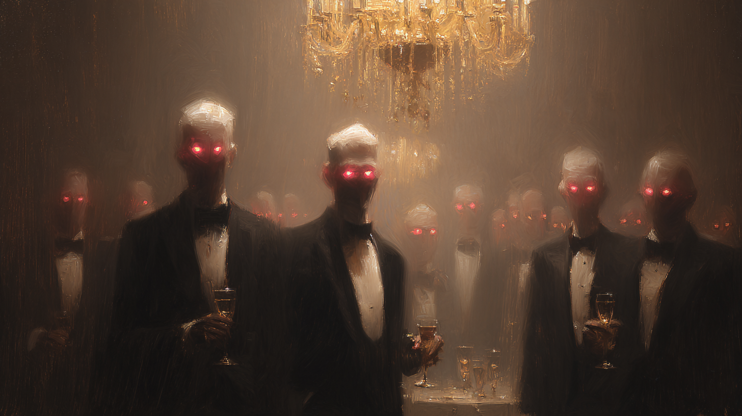 Men in tuxedos with glowing red eyes in a smoky, dimly lit room under a chandelier.
