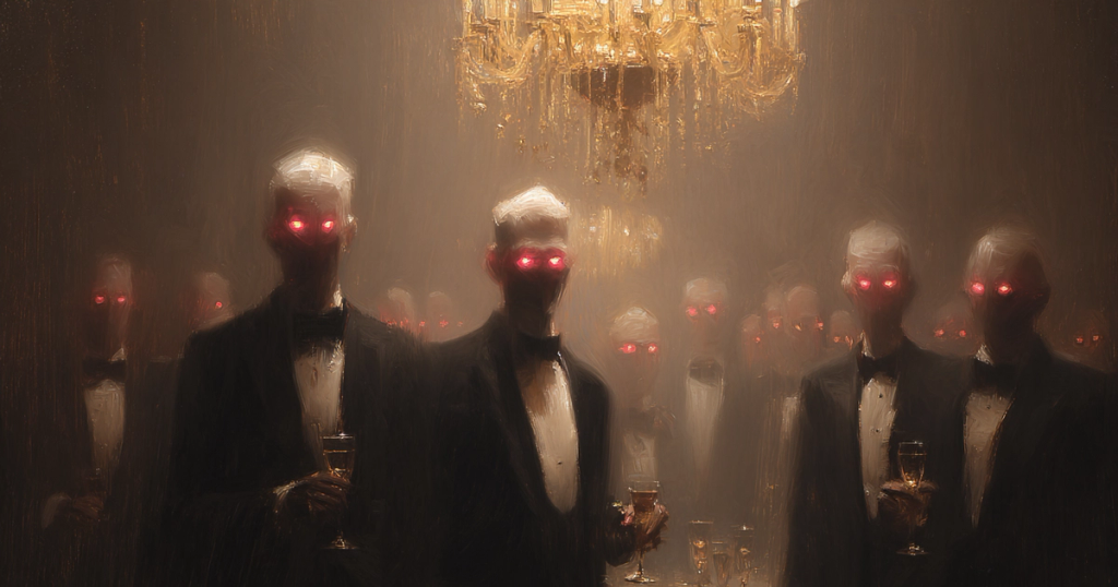 Men in tuxedos with glowing red eyes in a smoky, dimly lit room under a chandelier.