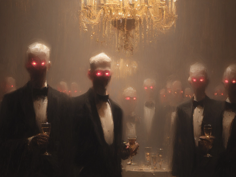 Men in tuxedos with glowing red eyes in a smoky, dimly lit room under a chandelier.