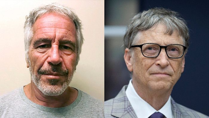 Mugshot of Jeffrey Epstein (left) and a headshot of Bill Gates (right).