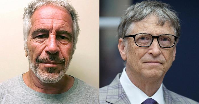 Mugshot of Jeffrey Epstein (left) and a headshot of Bill Gates (right).