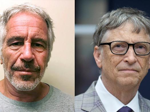 Mugshot of Jeffrey Epstein (left) and a headshot of Bill Gates (right).