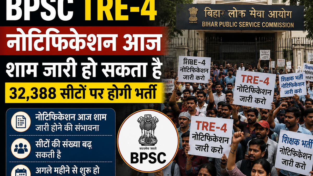 BPSC TRE-4 नोटिफिकेशन को लेकर पटना में प्रदर्शन करते अभ्यर्थी और 32,388 पदों पर भर्ती का प्रतीकात्मक विजुअल