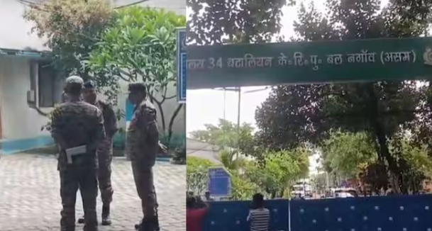 असम के CRPF कैंप में गोलीबारी के बाद सुरक्षा अधिकारी जांच करते हुए