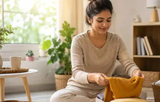 बेकार सामान हटाकर घर को व्यवस्थित करती महिला, Declutter Lifestyle का प्रतीकात्मक दृश्य।