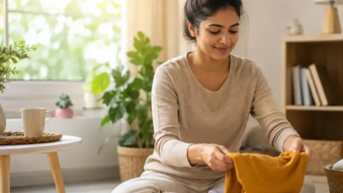 बेकार सामान हटाकर घर को व्यवस्थित करती महिला, Declutter Lifestyle का प्रतीकात्मक दृश्य।