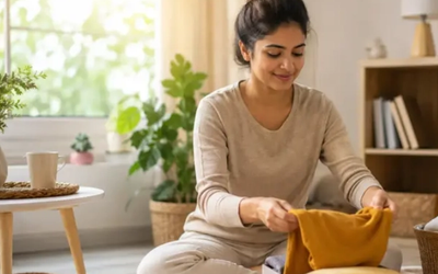 बेकार सामान हटाकर घर को व्यवस्थित करती महिला, Declutter Lifestyle का प्रतीकात्मक दृश्य।
