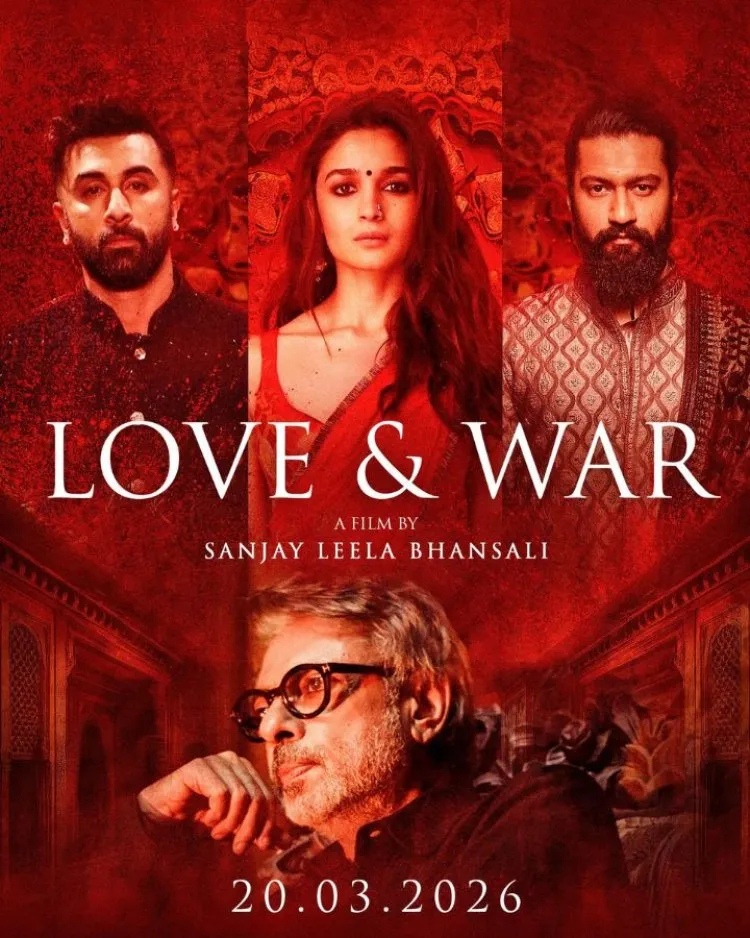 Love & War फिल्म के कलाकार रणबीर कपूर, आलिया भट्ट और विक्की कौशल, फिल्म के अंतिम चरण की शूटिंग से जुड़ा प्रतीकात्मक दृश्य।