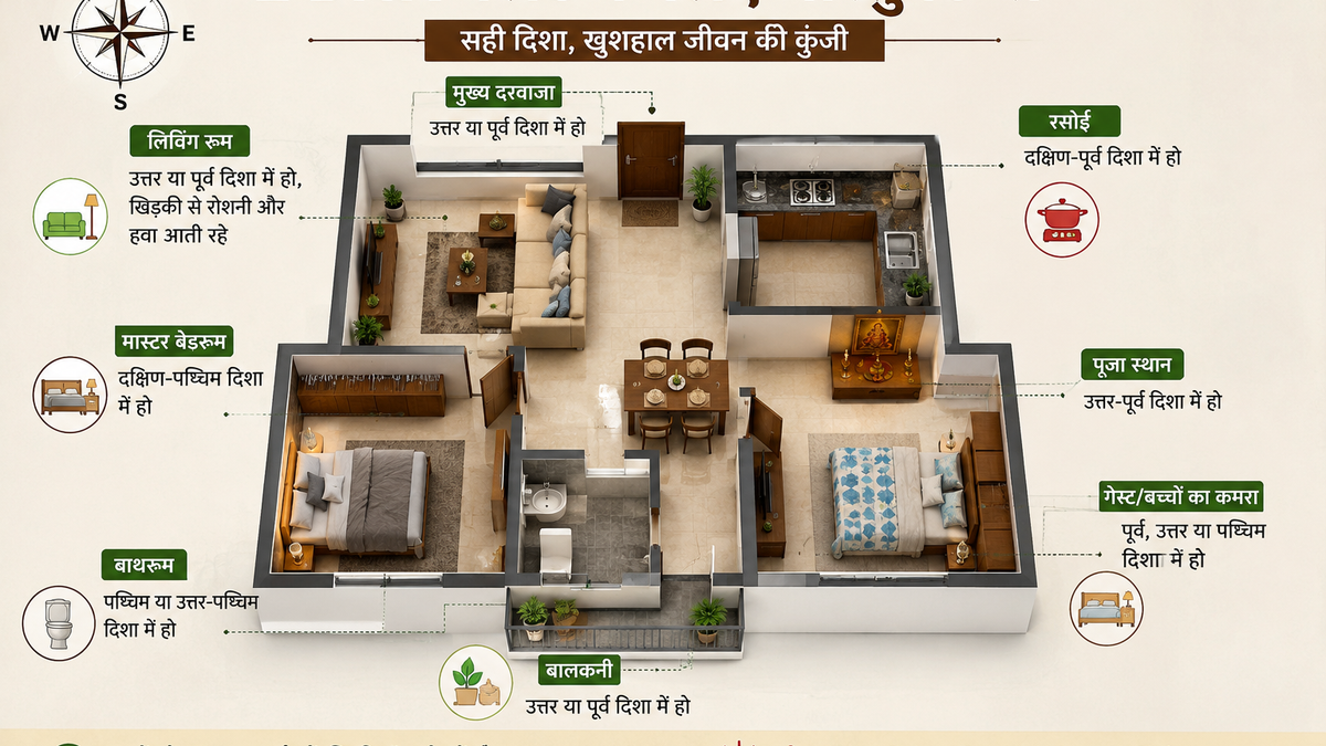BHK फ्लैट के मुख्य द्वार, रसोई, बेडरूम और पूजा स्थान से जुड़े वास्तु टिप्स।