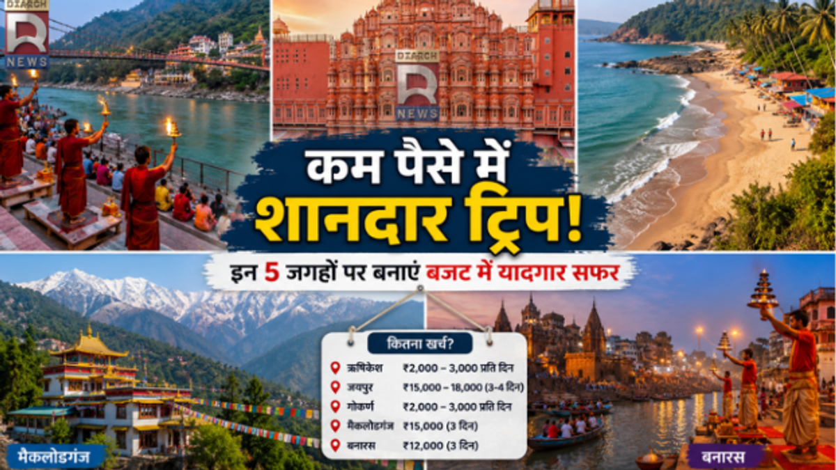 कम बजट में घूमने के लिए ऋषिकेश, जयपुर, गोकर्ण, मैकलॉडगंज और बनारस के पर्यटन स्थलों का सांकेतिक दृश्य।