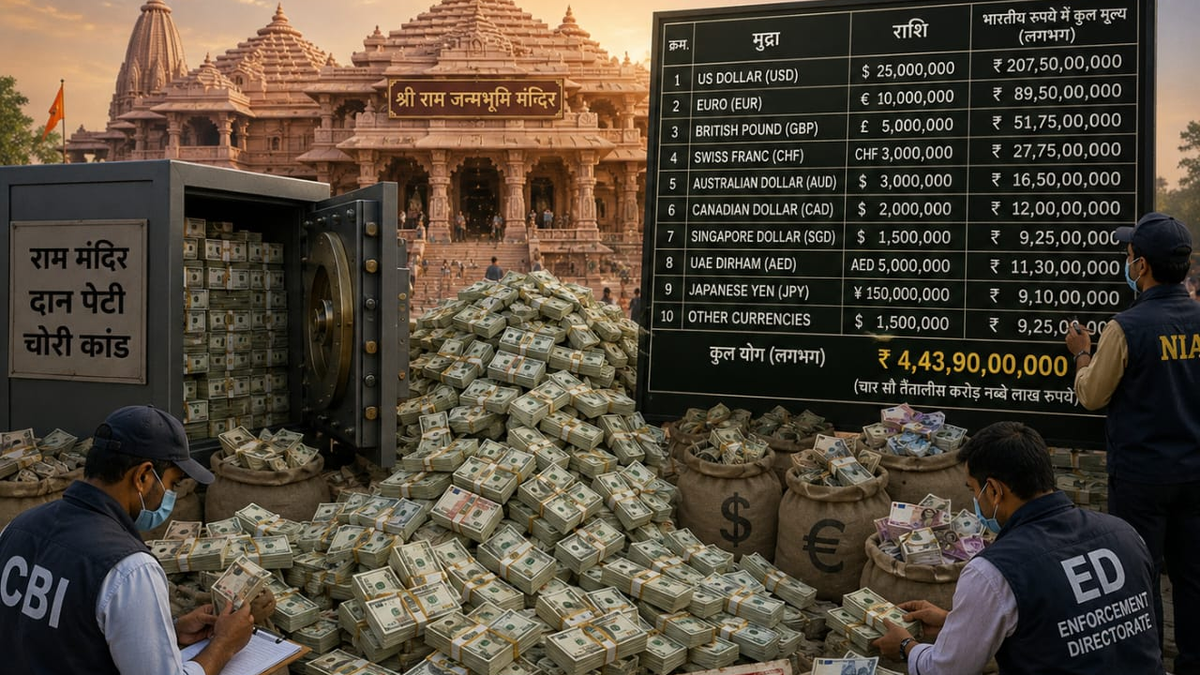 राम मंदिर दानपात्र चोरी मामले में गिरफ्तार आरोपियों से बरामद नकदी, डॉलर, आभूषण और संपत्ति की जांच करती पुलिस टीम।