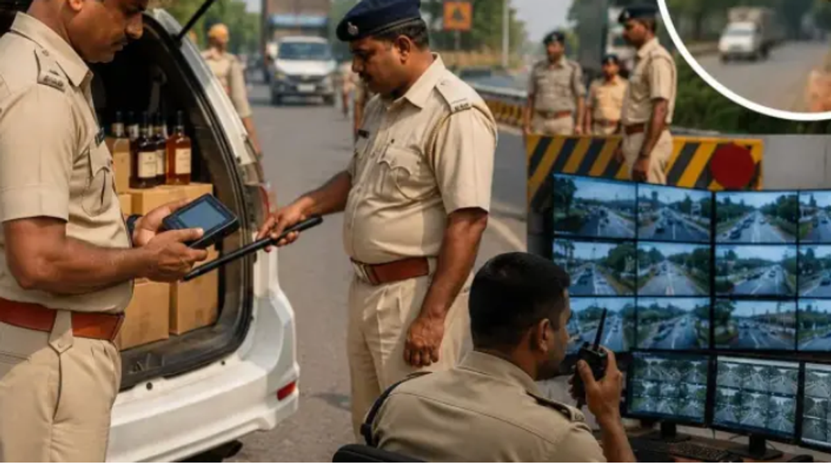 बिहार में शराब तस्करी रोकने के लिए चेकपोस्ट का निरीक्षण करते मद्यनिषेध विभाग के अधिकारी।